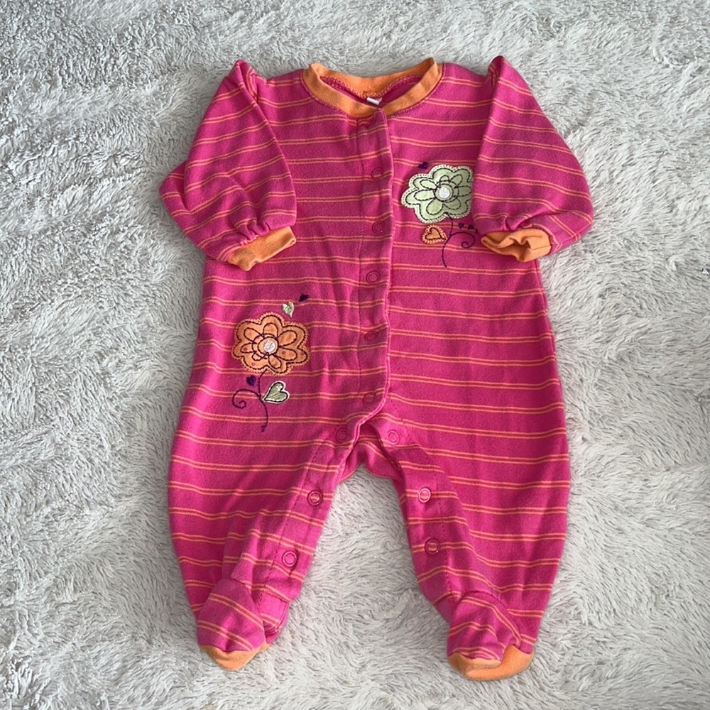 (2 for $10) PEKKLE 3 month snap up floral pink striped footie/ sleeper baby girl